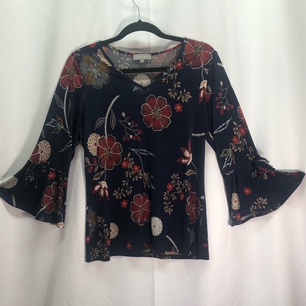 Laura blue multicoloured boho bell sleeve blouse